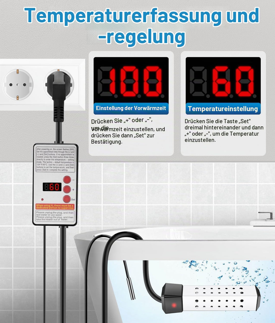 WADEO Tauchsieder Wasserkocher mit Wärmeisolierter Griff, Elektrischer Tauchwasserbereiter Wassererh