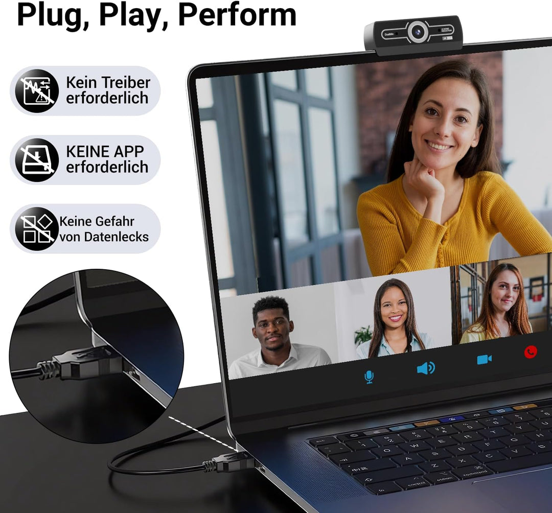 Webcam 2K, USB A Webcam mit Mikrofo, Kamera PC, Rauschunterdrückung Automatische Fixfokus für Live S