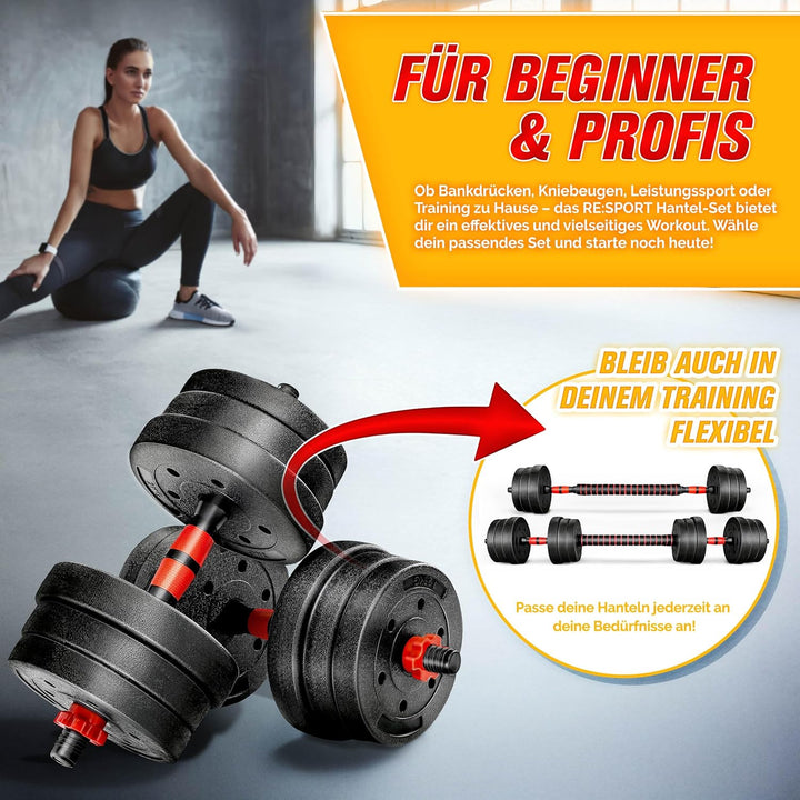 RE:SPORT 2 in 1 Hanteln Set 15-30kg | Hantelset verstellbar | Kurzhantel &amp; Langhantel | Sternverschl