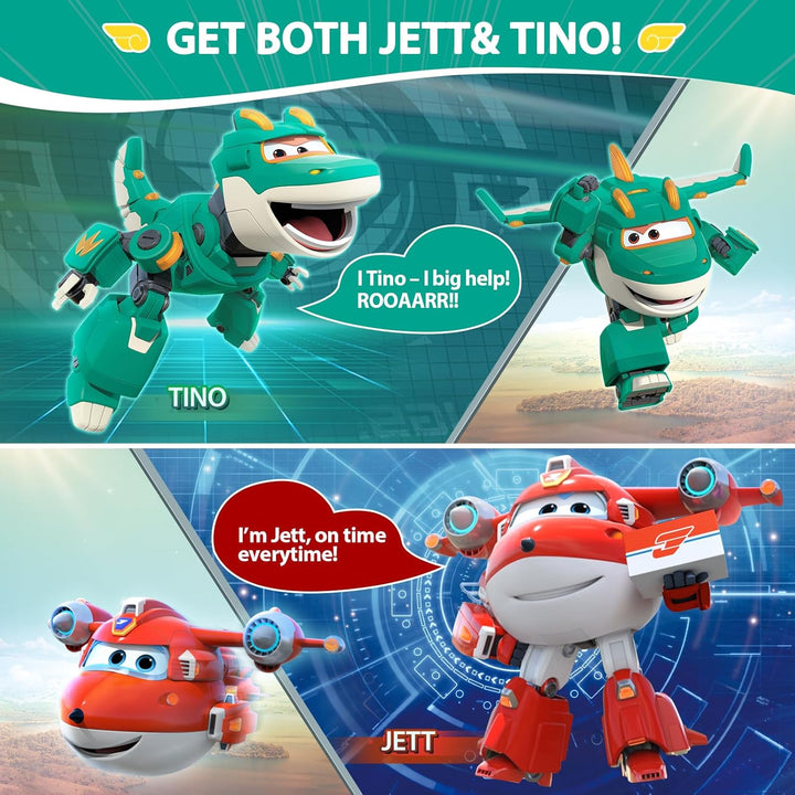 Super Wings 5" Transforming Characters 2-Pack Transforming Supercharged Jett + Tino, Transformer Spi