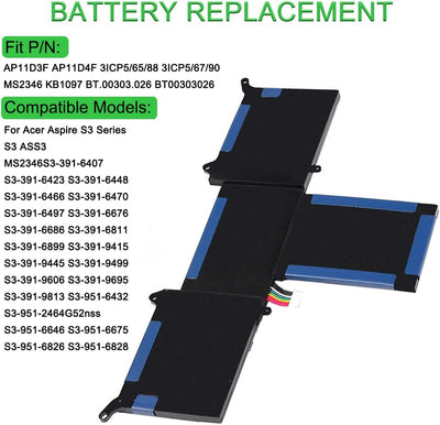 XITAIAN 11.1V 36.4Wh 3280mAh AP11D3F AP11D4F Ersatz Laptop Akku für Acer Aspire S3 S3-951 S3-391 MS2