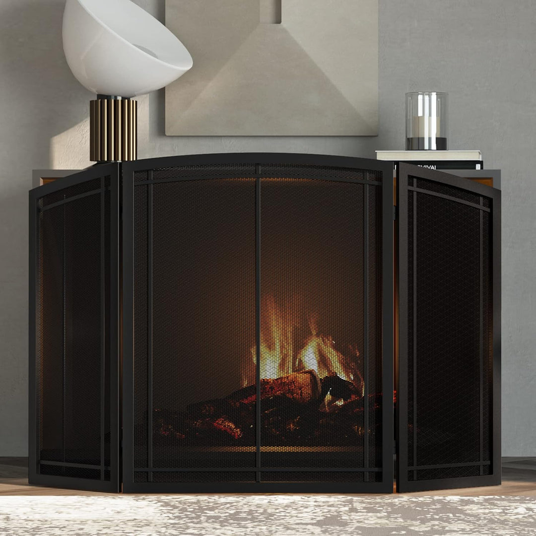 FireBeauty Funkenschutzabdeckung für Kamin, 3 Paneele, Schmiedeeisen, schwarzes Metall, 121,9 cm (L)