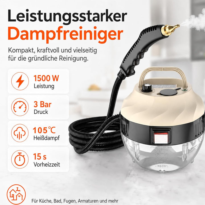 Dampfreiniger Handgerät, 15 Sekunden Aufheizzeit, 1L Wassertank, 1500W & 6 Geschwindigkeitsstufen, S