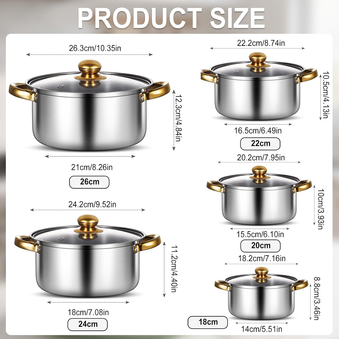 Topfset Induktion 5-Teilig, Topfset Edelstahl mit Glasdeckel Unbeschichtet | Induktions Töpfe set, f