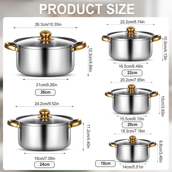 Topfset Induktion 5-Teilig, Topfset Edelstahl mit Glasdeckel Unbeschichtet | Induktions Töpfe set, f