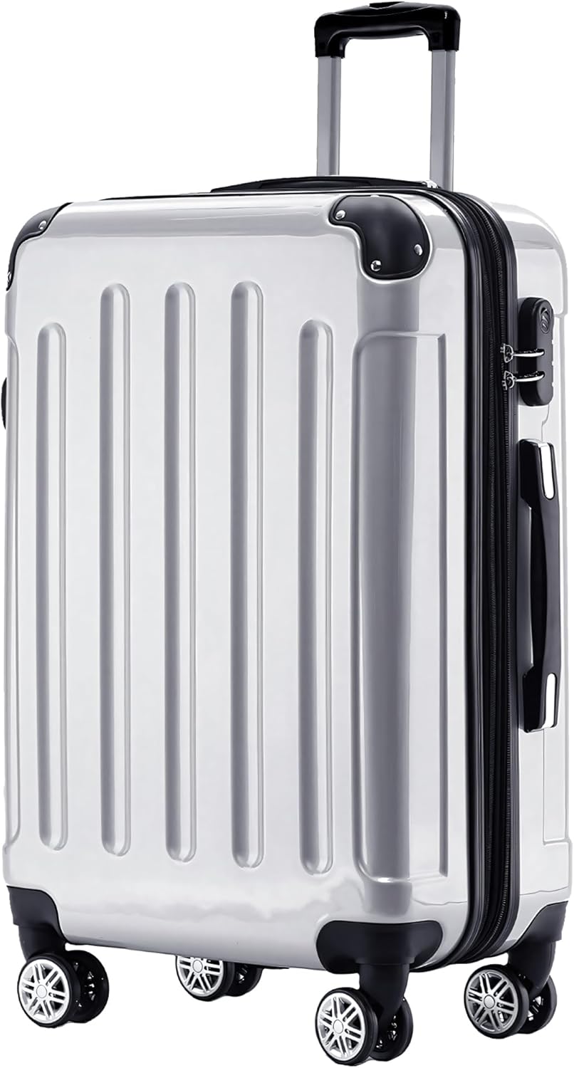 BEIBYE Hartschalen Koffer Trolley Rollkoffer Reisekoffer 4 Zwillingsrollen Polycabonat (Silber, 66cm