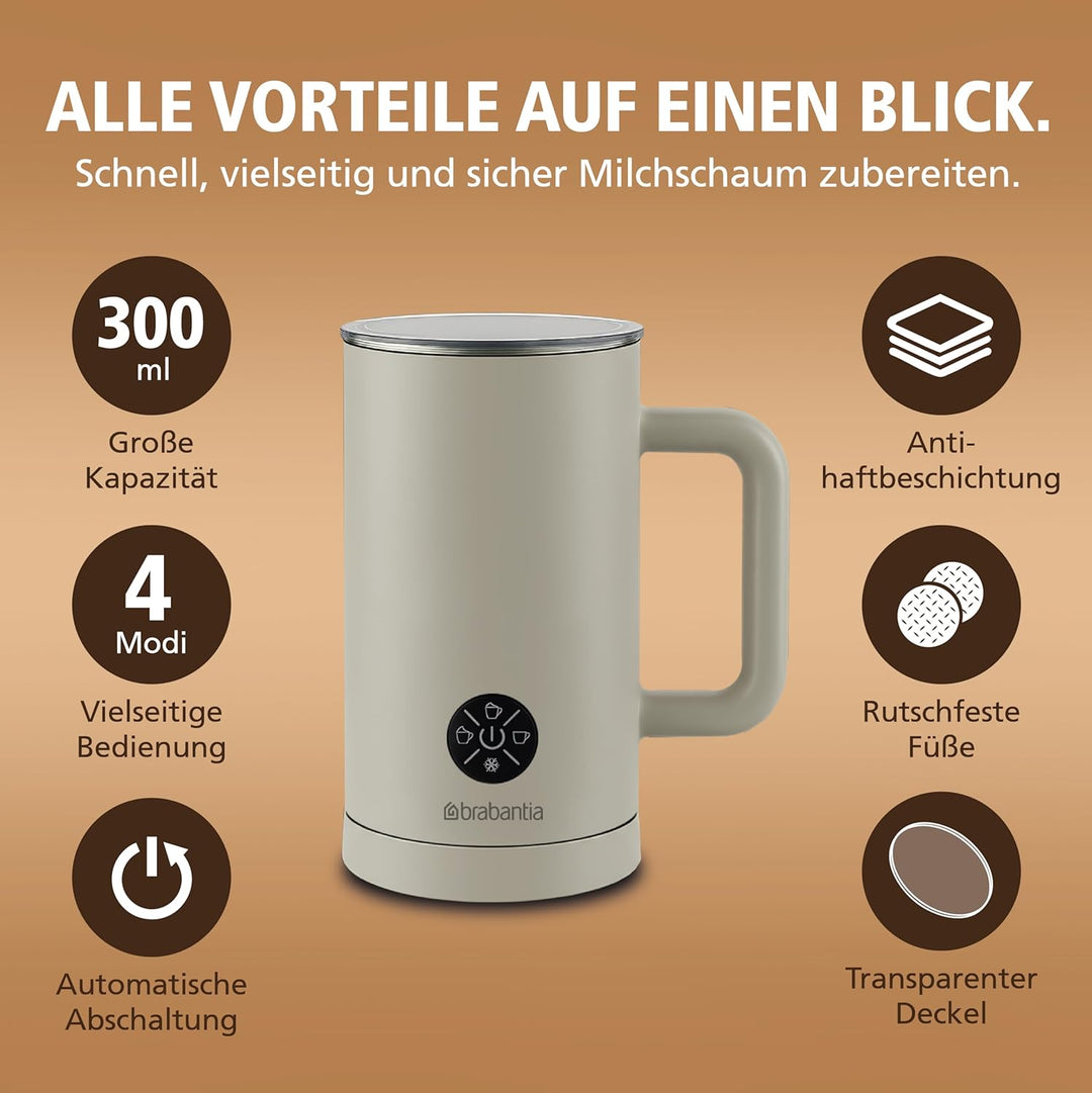 Brabantia Elektrischer Milchaufschäumer, 500 Watt, 300 ml, 4-in-1, BPA-frei, Warm & Kalt, 4 Stufen,