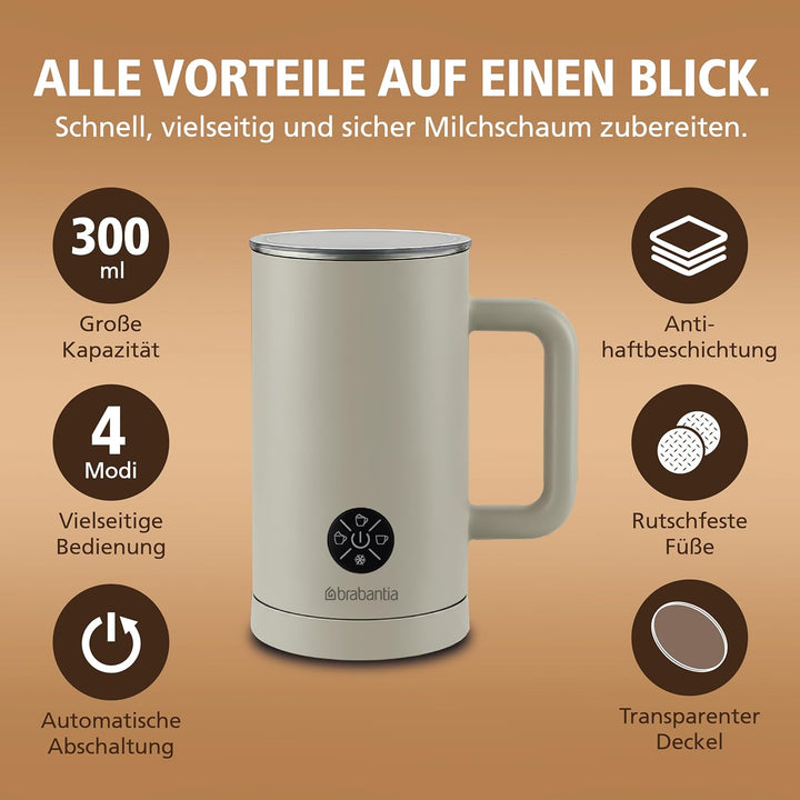 Brabantia Elektrischer Milchaufschäumer, 500 Watt, 300 ml, 4-in-1, BPA-frei, Warm & Kalt, 4 Stufen,