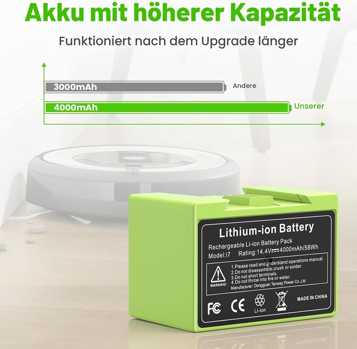 4000mAh Li-ion Akku für i7, ASUNCELL 14.4V Ersatzakku für iRobot Roomba e und i Serie i7 / i7+ i4/i4