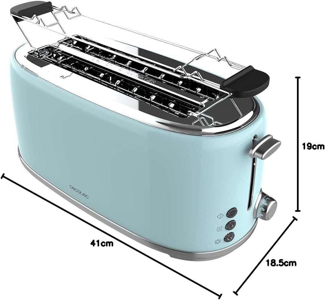 Cecotec Toast&Taste 1600 Retro Double Blue, 4 Scheiben, 1630 W, 2 Schlitze mit 3,8 cm Breite und Län