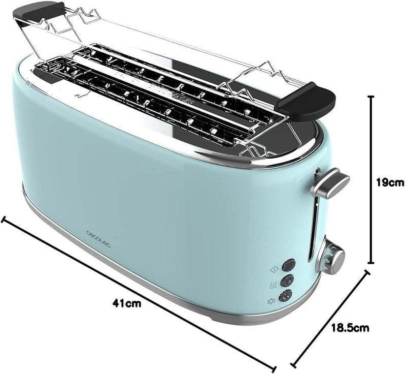 Cecotec Toast&Taste 1600 Retro Double Blue, 4 Scheiben, 1630 W, 2 Schlitze mit 3,8 cm Breite und Län