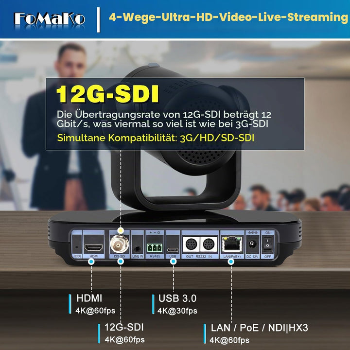 FoMaKo 12G-SDI 4K 60FPS NDI PTZ Kamera, 20X optischer Zoom, 4KP60 AI Auto-Tracking Gen 3, 1/1.8 UHD