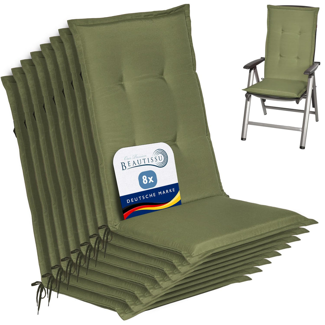 Beautissu 8er Set Gartenstuhlauflage 120x50x6 cm Loft HL Olivgrün – Hochlehner Polster Auflage, Sitz