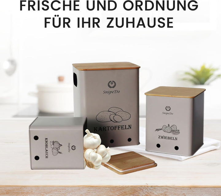 Kartoffel Aufbewahrungsbox Set – 3er Set Kartoffelbox, Zwiebel Aufbewahrung, Knoblauch Behälter – Me