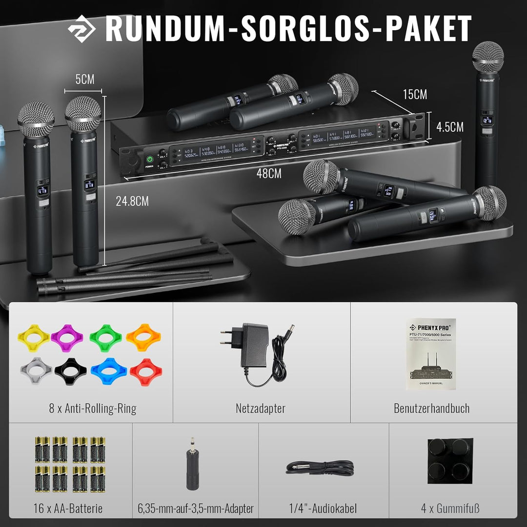 Phenyx Pro 8-Kanal Wireless Mikrofon System mit 8 Handheld Mikrofonen, Funkmikrofon Set mit automati