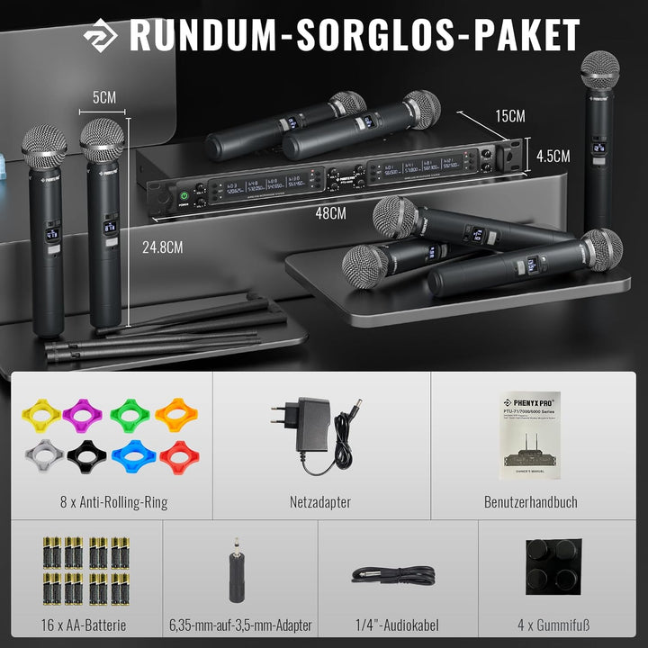 Phenyx Pro 8-Kanal Wireless Mikrofon System mit 8 Handheld Mikrofonen, Funkmikrofon Set mit automati