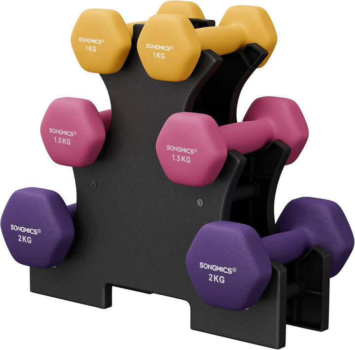 SONGMICS Kurzhantel Set, Hexagon, mit Hantelständer, 2 x 1 kg, 2 x 1,5 kg, 2 x 2 kg, mattes Finish,