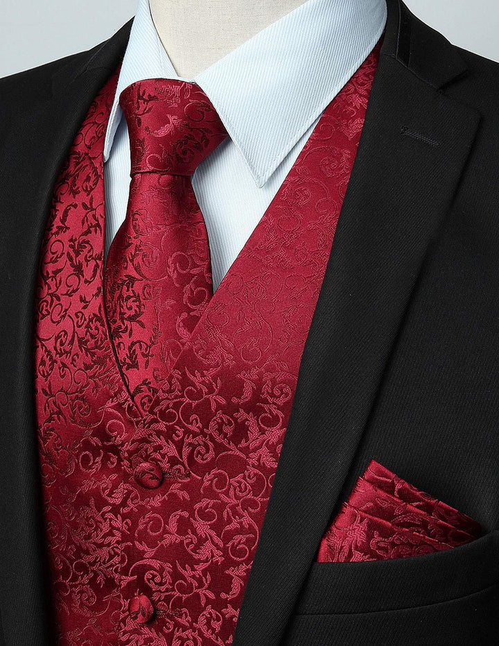 HISDERN Herren FLoral Hochzeit Weste Krawatte Einstecktuch Taschentuch Jacquard Weste Anzug Set XS B