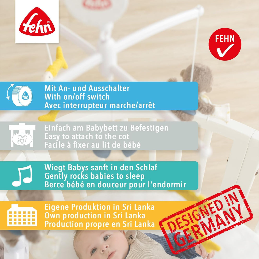 Fehn Musik Mobile Peru - Baby Einschlafhilfe Musikspielzeug mit süssen Tieren - Babymobile Spieluhr