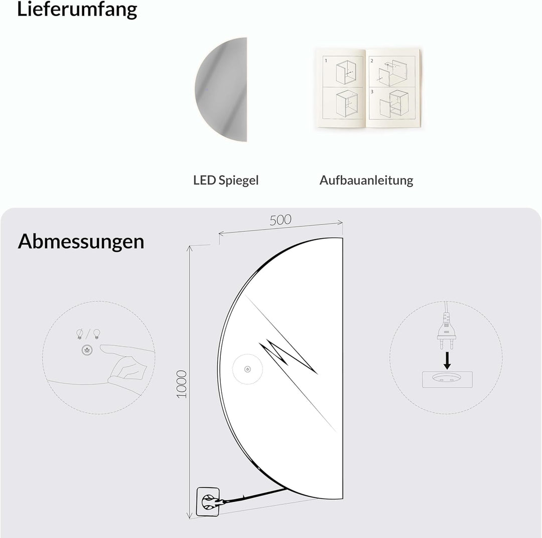 Planetmöbel NIVORA Spiegel mit Beleuchtung halbrund Spiegel mit LED-Licht, Dekorativer Wandspiegel m