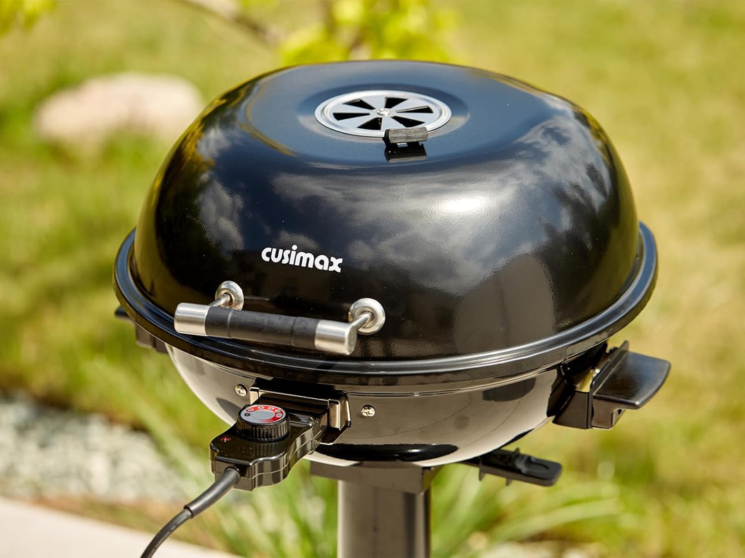 CUSIMAX Elektrogrill Standgrill mit Deckel und Standfuss, Regulierbare Temperatur und Fettauffangsch
