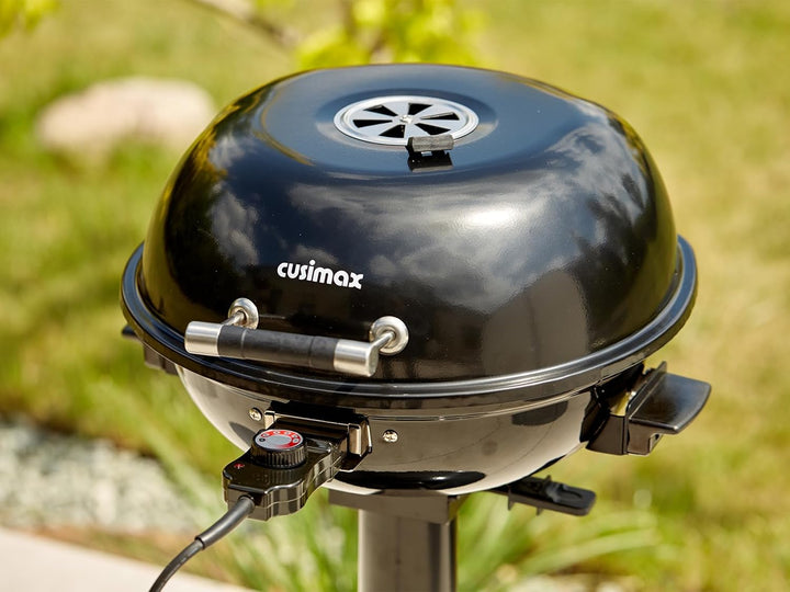 CUSIMAX Elektrogrill Standgrill mit Deckel und Standfuss, Regulierbare Temperatur und Fettauffangsch