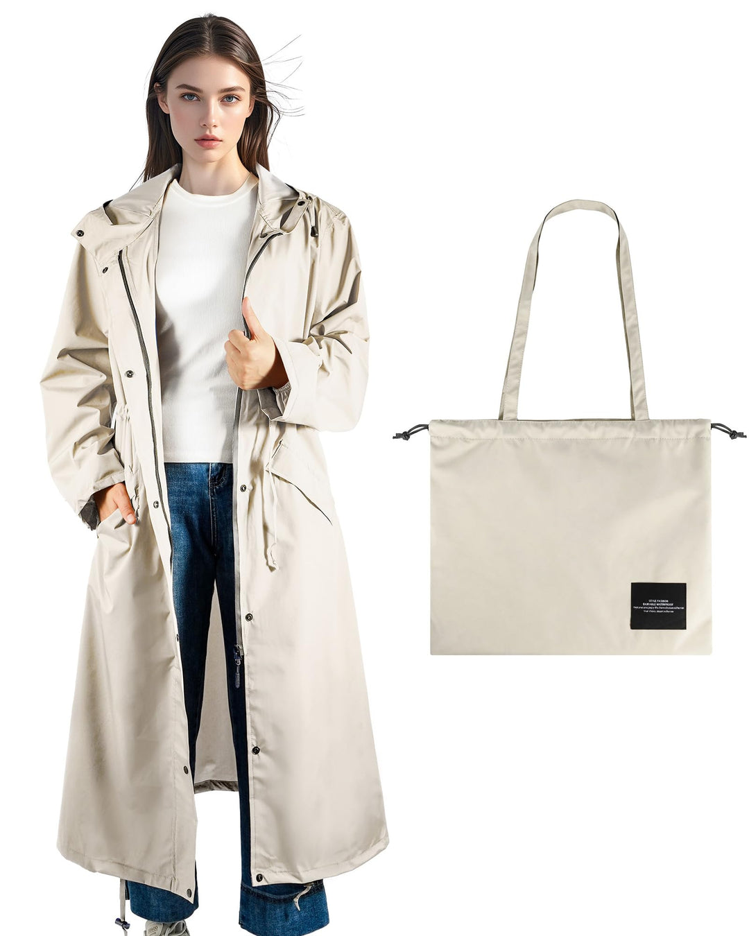 LAMA Stilvoller langer Regenmantel Unisex Regenponcho mit Wasserdichte Pattentasche Kapuze Tunnelzug