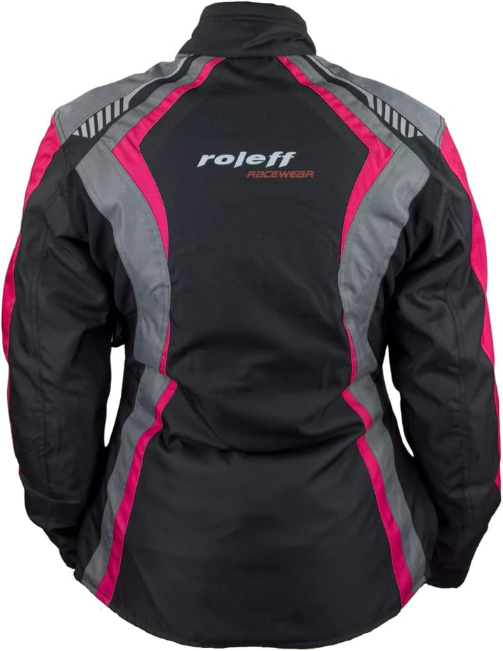 Damen Textil Motorradjacke mit CE Protektoren, gute Belüftung, taillierter Schnitt XS Black, Pink, G