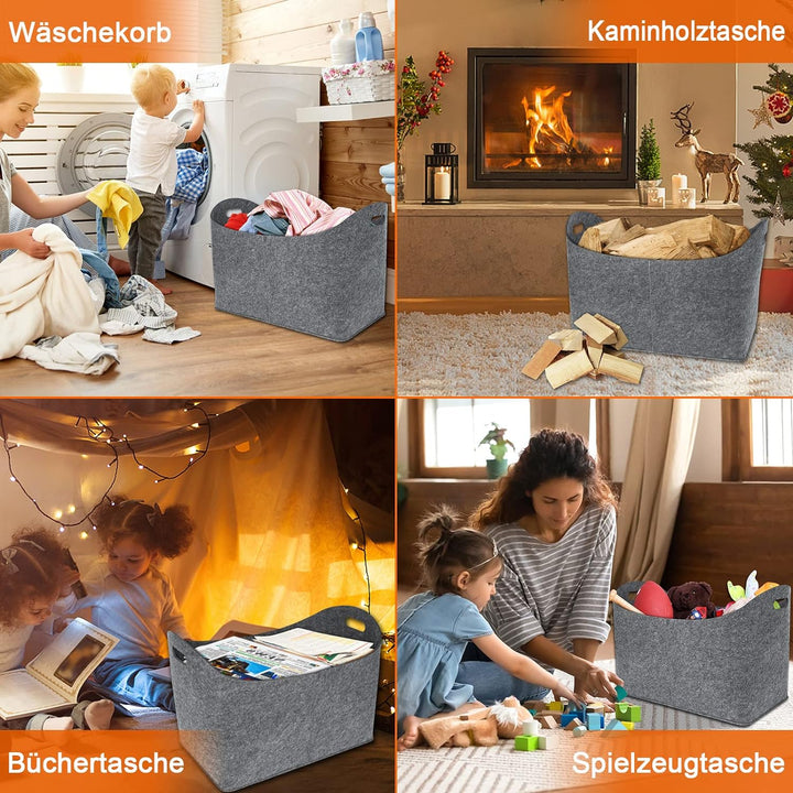 HENGMEI Filztaschen für kaminholz 2 Stück Kaminholztasche Faltbar Filzkorb Kaminholzkorb Einkaufstas