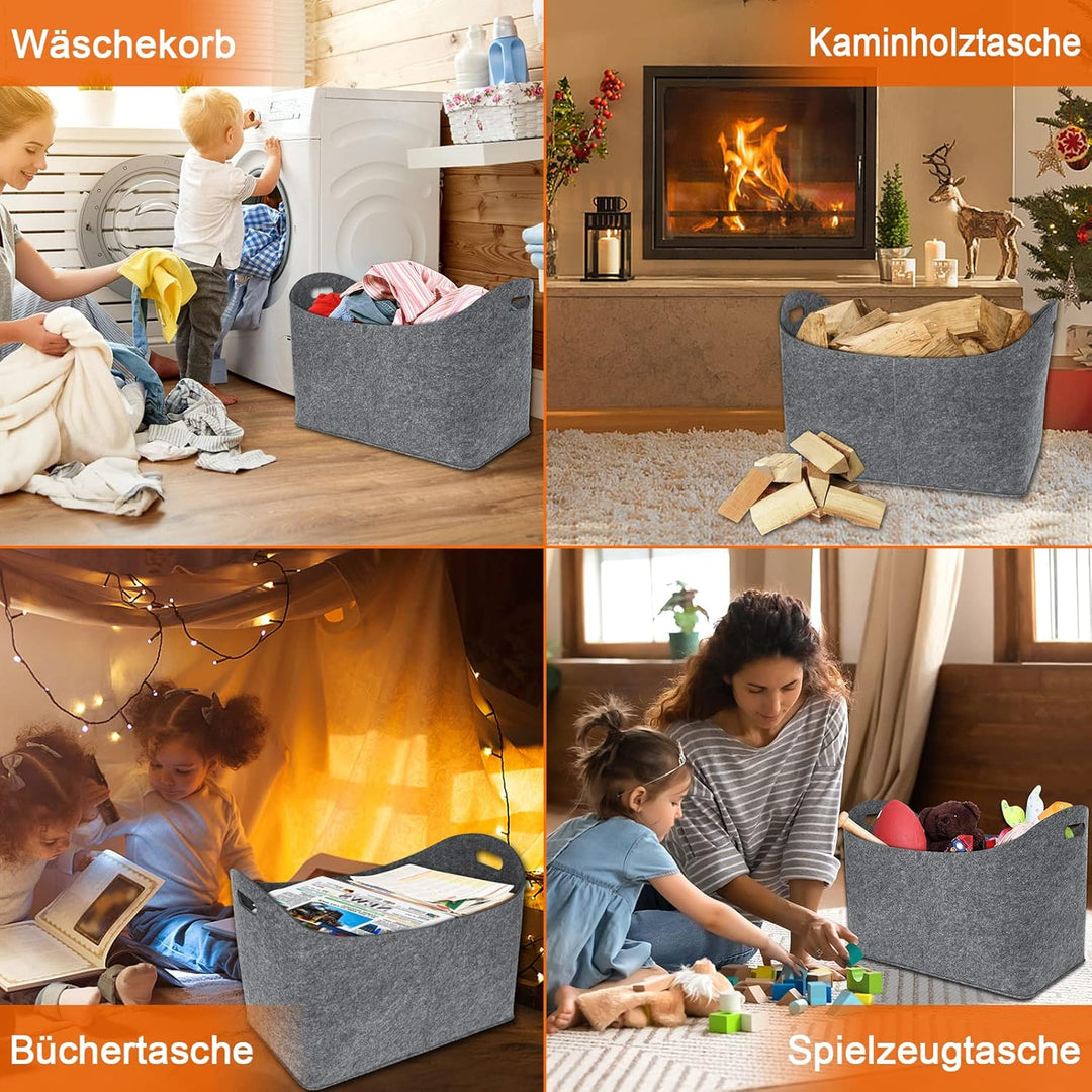 HENGMEI Filztaschen für kaminholz 4 Stück Kaminholztasche Faltbar Filzkorb Kaminholzkorb Einkaufstas