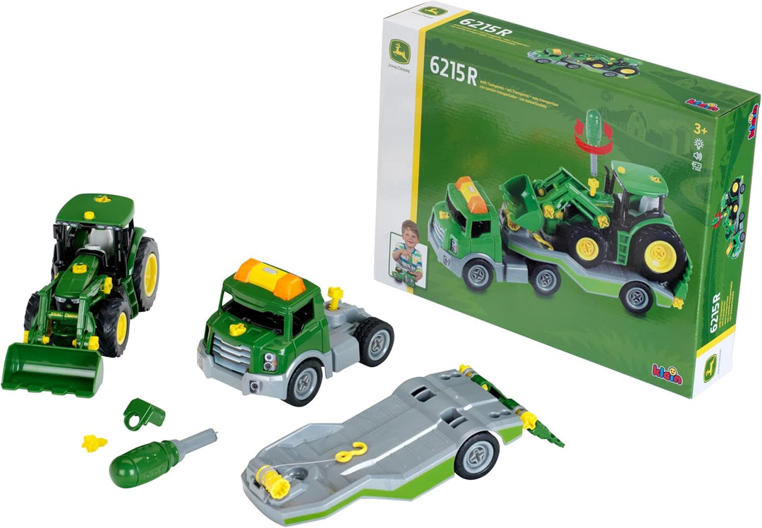 Theo Klein 3908 Transporter mit John Deere Traktor I Schraubset inkl. Schraubendreher I Spielzeug fü