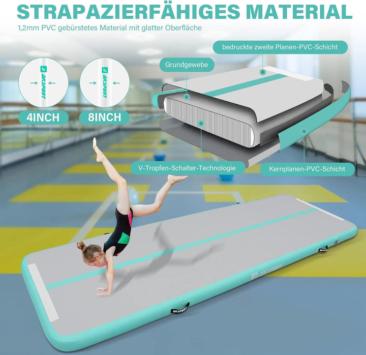 AKSPORT Air Matte Track Tumbling Matte,3/4/5/6m Aufblasbar Gymnastikmatte Turnmatte Tumbling Matten