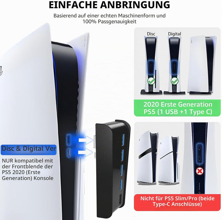 6 Port USB Hub für PS5, High-Speed Expansion Hub Charger Splitter Adapter mit 4 USB + 1 USB Charging