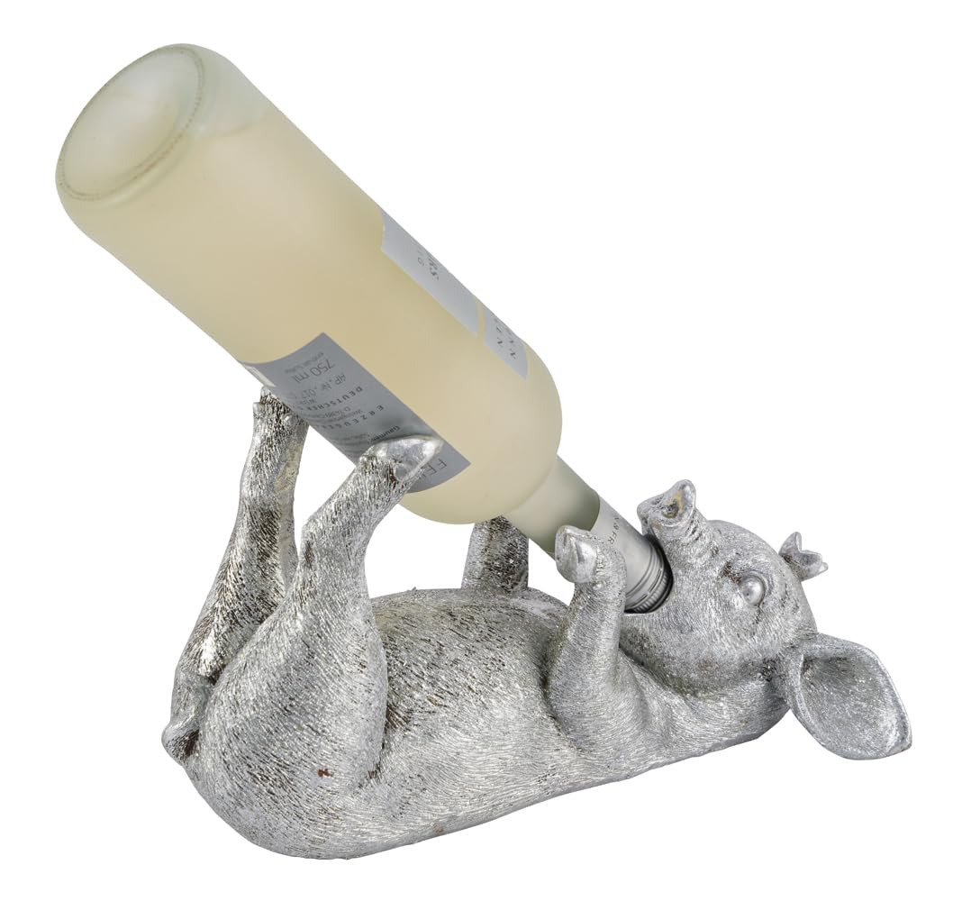Flaschenhalter Schwein mit Krone liegend, Silber - Skulptur, Wein Flaschen Halter, Flaschenständer,