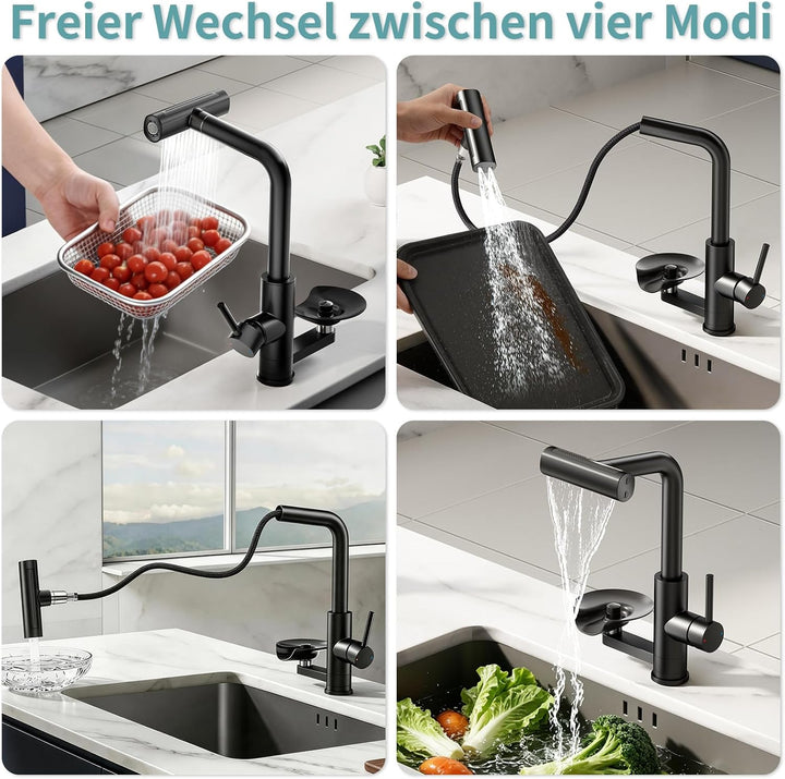 360° drehbarer Wasserhahn Küche ausziehbar mit Brause, wasserfall Mischbatterie Küche mit Gläserspül