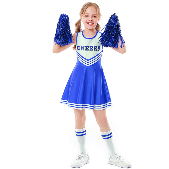LOLANTA Cheerleader Kostüm Kinder, Cheerleadering Outfit Mädchen mit Pompons(8-9 Jahre,Blau,Tag 140)
