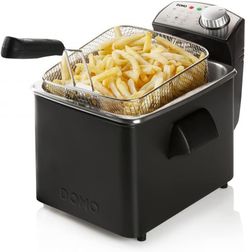 Grosse Kaltzonen Fritteuse Edelstahl in Schwarz, Sichtdeckel & Filter 3200Watt 4,5Ltr.