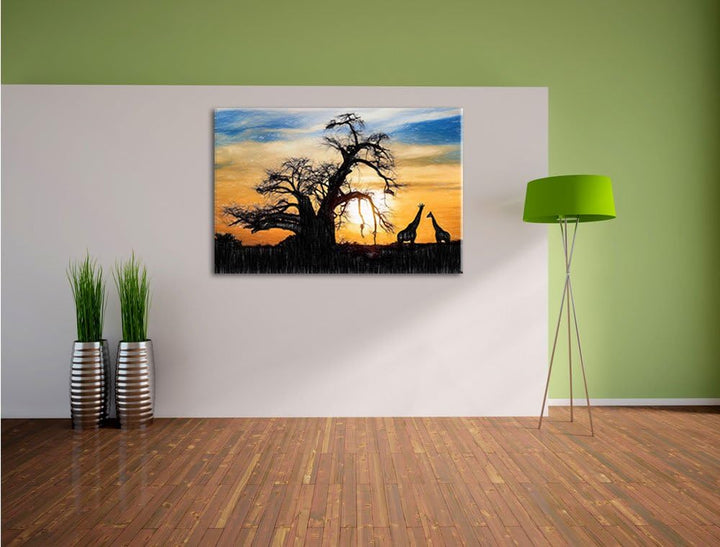 Pixxprint Zwei Giraffen in der Wüste als Leinwandbild/Grösse: 100x70 cm/Wandbild/Kunstdruck/fertig b