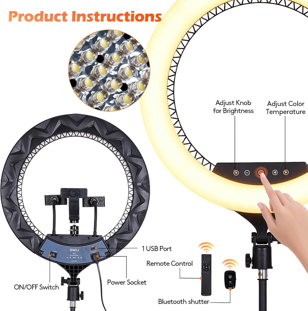 GWO 45,7 cm LED-Ringlicht mit Stativständer, 6000 K, dimmbar, Make-up-Selfie-Licht mit Touch-Panel-T