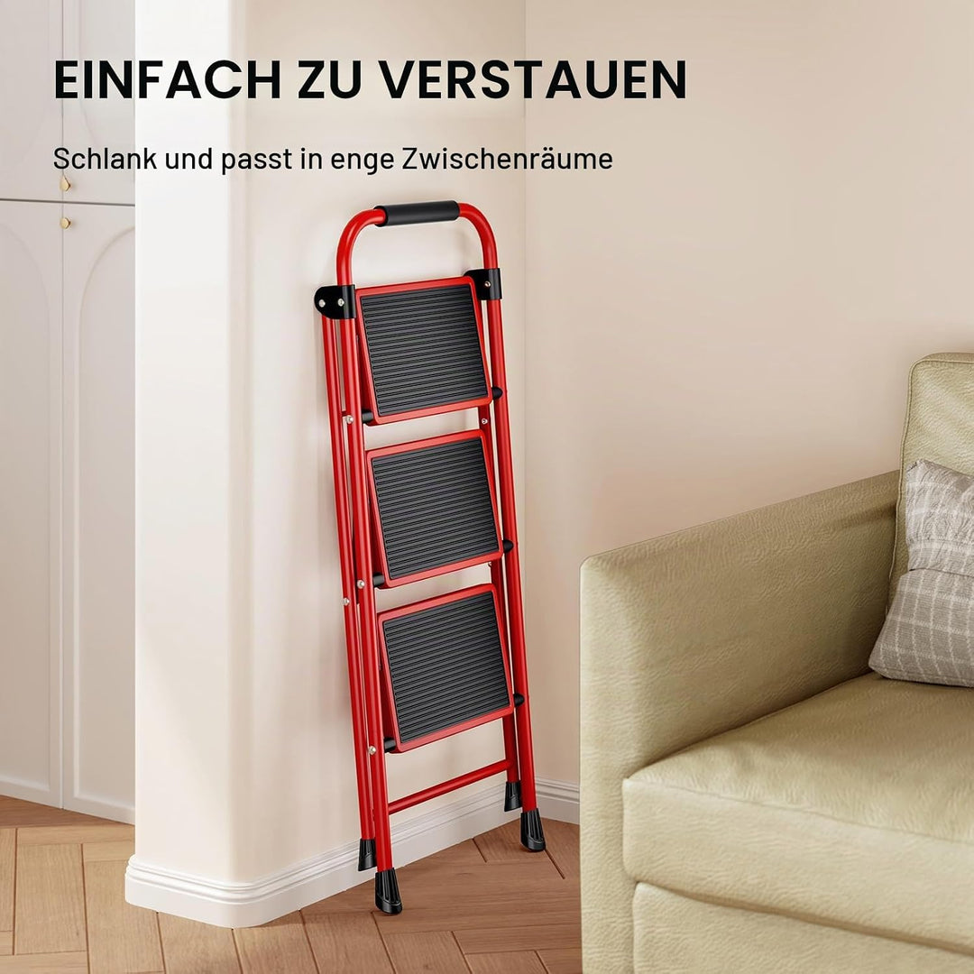 KINGRACK 3 Stufen Leiter, Trittleiter mit Handläufen, Stufenleiter, Klappleiter Tritthocker, Klapptr