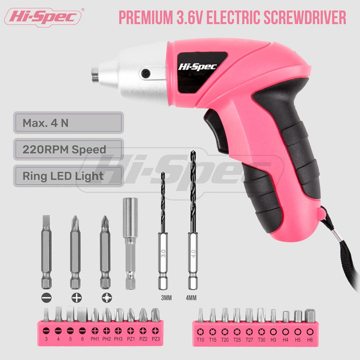 Hi-Spec Akkubohrer Set in Pink – Kompakter Mini Akkuschrauber mit leistungsstarkem 3.6-V-Akku, LED-L
