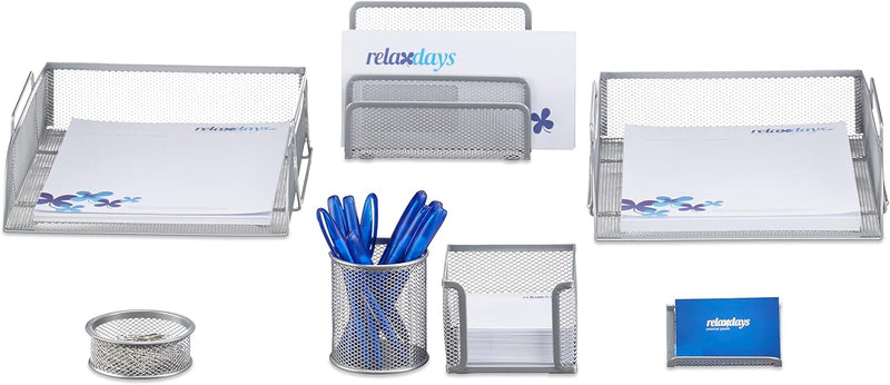 Relaxdays Schreibtisch Organizer Set, 7-teilig, Metall, Schreibtisch-Set, Briefablage, Zettelbox, St