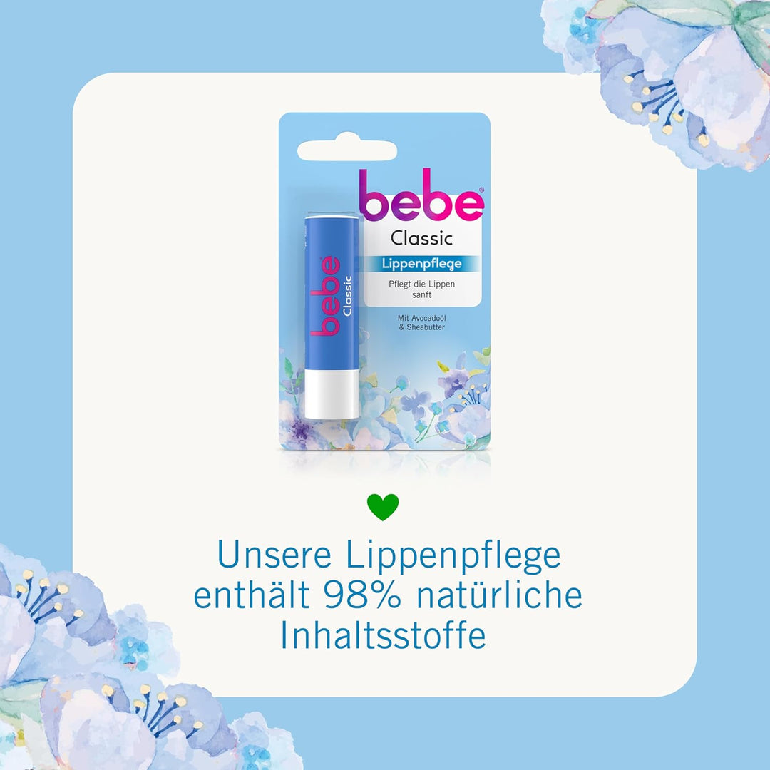bebe Classic Lippenpflege (12 x 4,9 g), Lippenpflegestift mit Avocadoöl & Sheabutter, pflegt die Lip