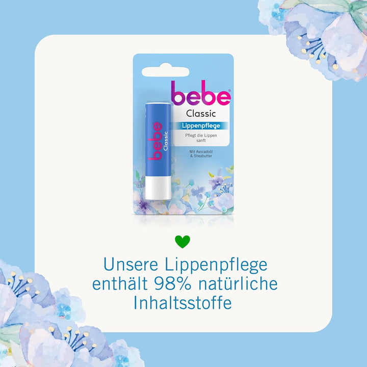 bebe Classic Lippenpflege (12 x 4,9 g), Lippenpflegestift mit Avocadoöl & Sheabutter, pflegt die Lip