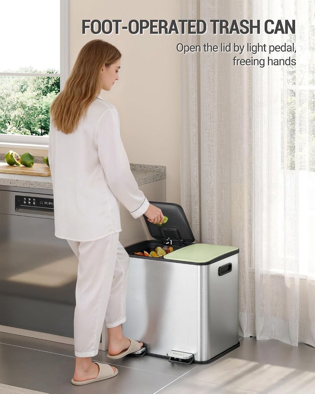 Hzuaneri Mülleimer Küche, 2 x 15 L, Mülltrennsystem 2 Fächer, Mülleimer mit Farbigem Soft-Close-Deck