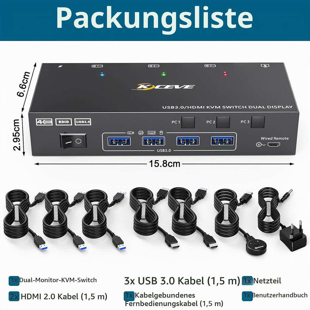 KVM Switch 3 PC 2 Monitore HDMI, EDID Emulator, USB 3.0 HDMI2.0 KVM Switch Dual Monitor 4K@60Hz für