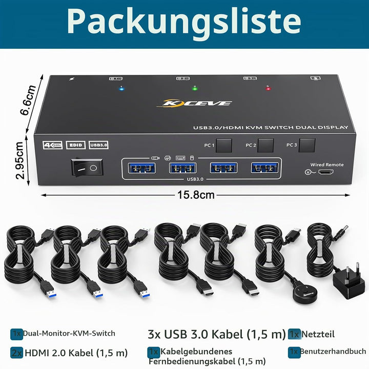 KVM Switch 3 PC 2 Monitore HDMI, EDID Emulator, USB 3.0 HDMI2.0 KVM Switch Dual Monitor 4K@60Hz für