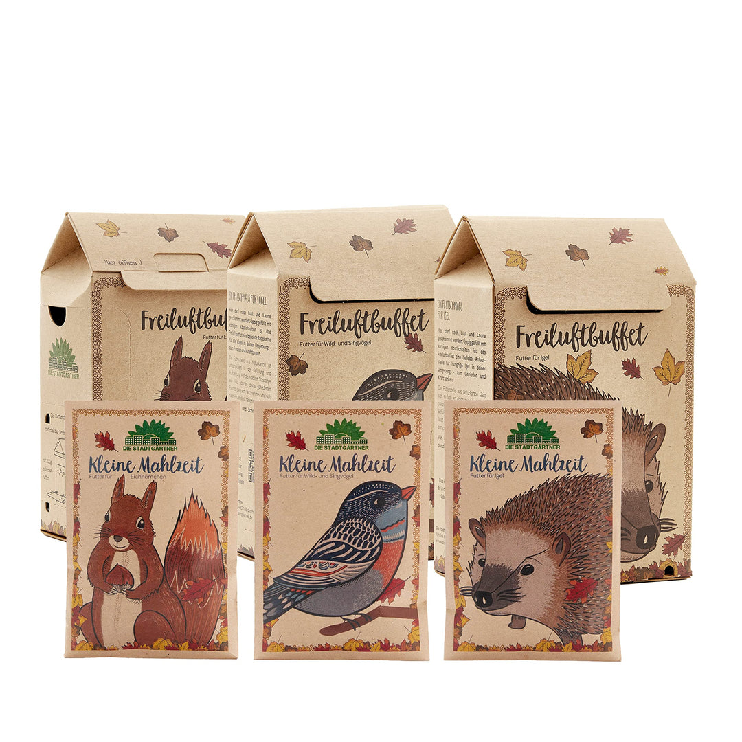 Die Stadtgärtner – Geschenkset Tierfutter I Mit Freiluftbuffet + kleine Mahlzeit für Vögel, Igel & E