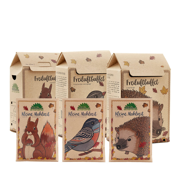 Die Stadtgärtner – Geschenkset Tierfutter I Mit Freiluftbuffet + kleine Mahlzeit für Vögel, Igel & E