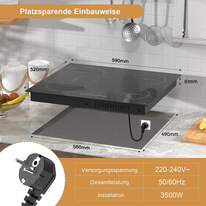 NOXTON Induktionskochfeld 60 cm Flexzonen mit Stecker, Induktionsfeld 4 Platten Einbau mit Schiebere